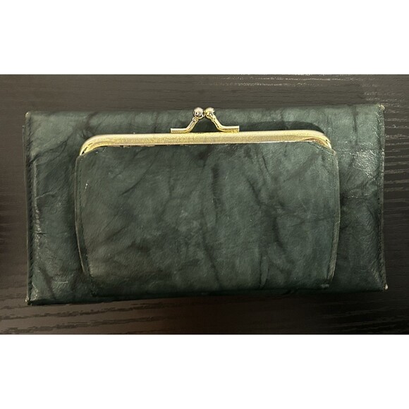 VTG Buxton Green Top Grain Cowhide Leather Wallet Clutch Kiss Lock Check Cash - Picture 2 of 8